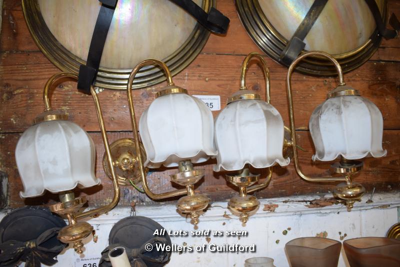 PAIR OF DECORATIVE BRASS TWIN BRANCH WALL LIGHTS WITH FROSTED GLASS SHADES