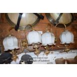 PAIR OF DECORATIVE BRASS TWIN BRANCH WALL LIGHTS WITH FROSTED GLASS SHADES