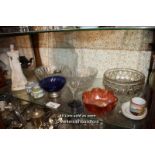 SHELF OF MIXED DECORATIVE ITEMS INCLUDING CUT GLASS BOWLS