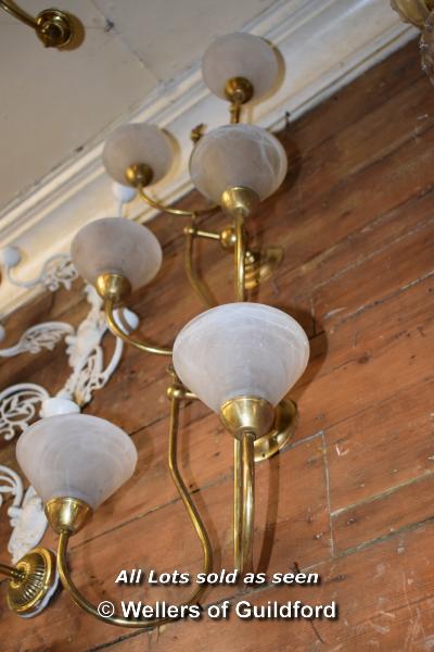 SET OF THREE MATCHING BRASS TWIN BRANCH WALL LIGHTS WITH FROSTED GLASS SHADES