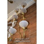 SET OF THREE MATCHING BRASS TWIN BRANCH WALL LIGHTS WITH FROSTED GLASS SHADES