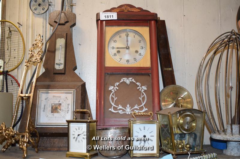 COLLECTION OF FOUR MIXED CLOCKS AND TWO BAROMETERS