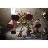 DECORATIVE BRASS EIGHT BRANCH CANDELABRA WITH FROSTED GLASS SHADES