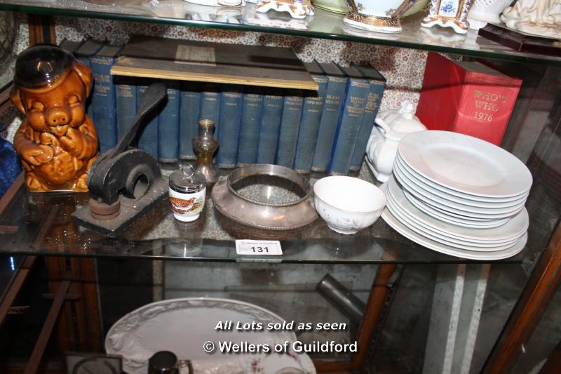 SHELF OF MIXED DECORATIVE ITEMS INCLUDING PORCELAIN WARES AND A COLLECTION OF DICKENS NOVELS