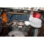 SHELF OF MIXED DECORATIVE ITEMS INCLUDING PORCELAIN WARES AND A COLLECTION OF DICKENS NOVELS