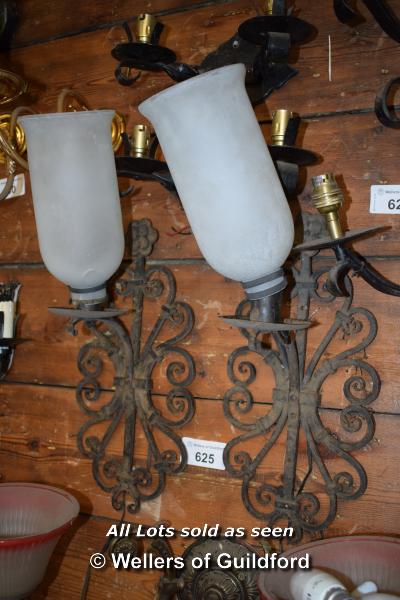 PAIR OF DECORATIVE WROUGHT IRON SINGLE BRANCH WALL LIGHTS WITH FROSTED GLASS SHADES