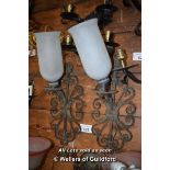 PAIR OF DECORATIVE WROUGHT IRON SINGLE BRANCH WALL LIGHTS WITH FROSTED GLASS SHADES