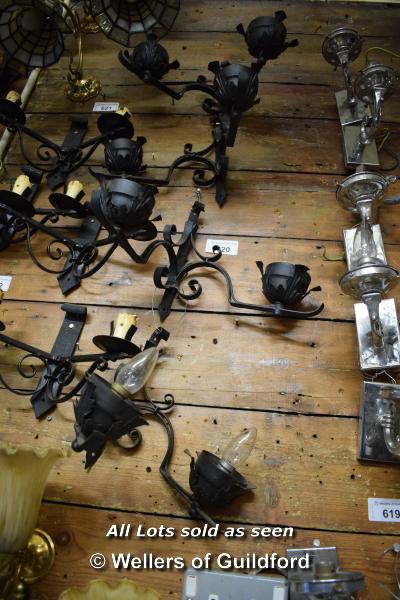 SET OF FOUR MATCHING WROUGHT IRON TWIN BRANCH WALL LIGHTS