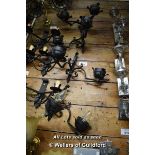 SET OF FOUR MATCHING WROUGHT IRON TWIN BRANCH WALL LIGHTS