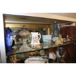 SHELF OF MIXED DECORATIVE ITEMS INCLUDING PORCELAIN WARES