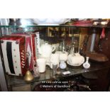 SHELF OF MIXED DECORATIVE ITEMS INCLUDING PORCELAIN WARES AND A 'JOLLY' ACCORDION