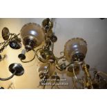 ORNATE BRASS THREE BRANCH CANDELABRA WITH FROSTED GLASS SHADES