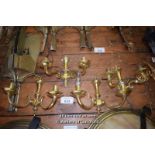 TWO MIXED PAIRS OF DECORATIVE BRASS TWIN BRANCH WALL LIGHTS