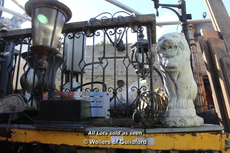 WHOLE SHELF OF MIXED ITEMS INCLUDING LARGE BALCONY PANEL, CAST IRON HOPPERS, COMPOSITION STONE