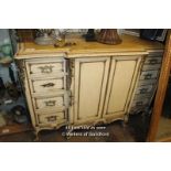 PAINTED FRENCH STYLE MARBLE TOP ORNATE SIDEBOARD WITH A SET OF EIGHT DRAWERS, FOUR OF WHICH ARE