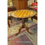 A Victorian mahogany tripod table, the top inlaid in boxwood and rosewood as a chess board, 58cm