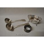 A pair of silver fiddle sauce ladles with monogrammed terminals, London 1896; a small silver oval