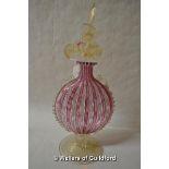 A Venetian Murano latticino moon flask, the cover formed as golden leaves with pink flowers, pink