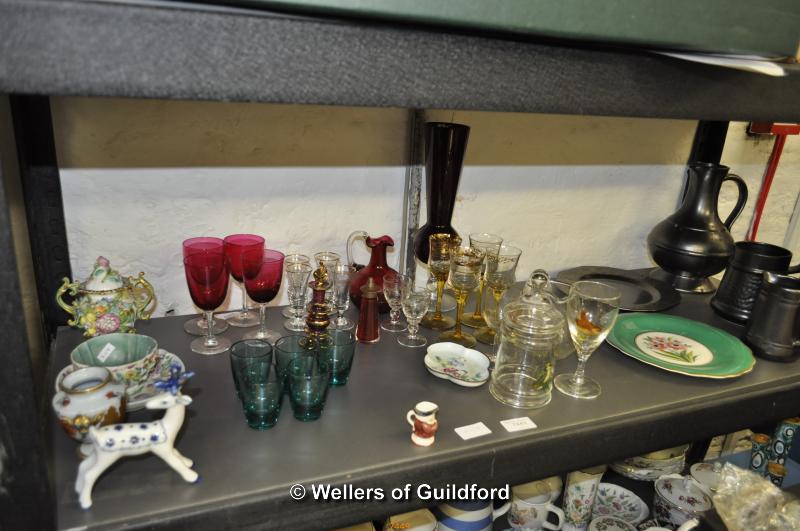 A quantity of decorative items including coloured glasswares, Prinknash Pottery wares, glassware