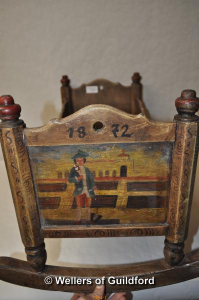 A small Continental cradle with painted decoration dated 1872, 54cm long. - Image 2 of 2