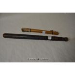 An old oak truncheon with traces of painted finish, ribbed handle; a cosh with stag antler handle (