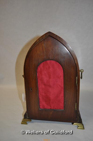 A late 19th Century mahogany mantel clock with arched top, boxwood stringing, the silvered dial with - Image 2 of 3