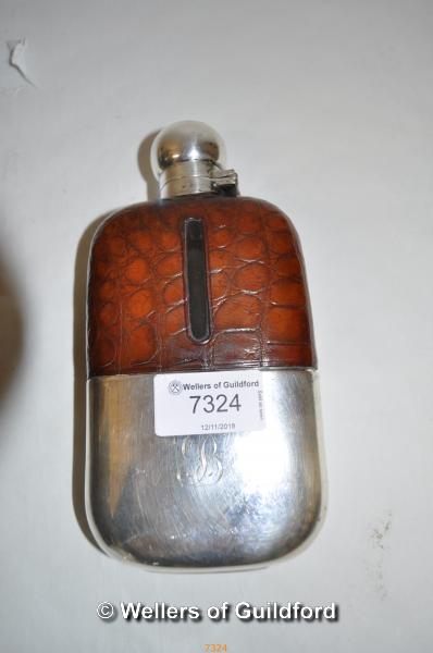 *A silver plated and crocodile skin hip flask by James Dixon, 1930's, monogrammed B. (Lot subject to