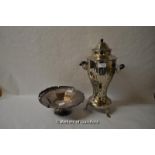 A silver plated samovar, a Daniel & Arter silver plated circular dish with swing handle, (2).