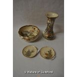 Japanese Satsuma: a fluted bowl, 12.5cm diameter, two pin dishes and a vase (4)