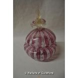 A Venetian Murano latticino pot and cover, the finial formed as pink flowers and golden leaves,