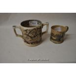 A Victorian twin handle mug 'God Speed the Plough', 8cm; a Victorian child's cup 'The broken jug'.