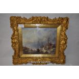 E Bond, Dutch school, oil on board, river in winter, 19.5 x 25cm, ornate gilt frame.