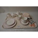 Nina Campbell bone china Pink Heart tea set complete with tray, cutlery and napkins.