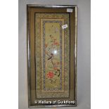 A Chinese silk panel embroidered with bird, butterfly and blossom, 37.5 x 23.5cm, framed and