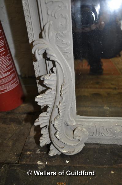 A grey painted wall mirror, the arched top moulded with flowers, Nordic Style London label, 138 x - Image 3 of 3