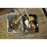 A quantity of brassware including fire irons, ornaments, horse brasses and so on.