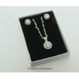 *Silver Cubic Zirconia Halo Earring and Necklace Set, Stamped S925, 18inch chain (Lot subject to