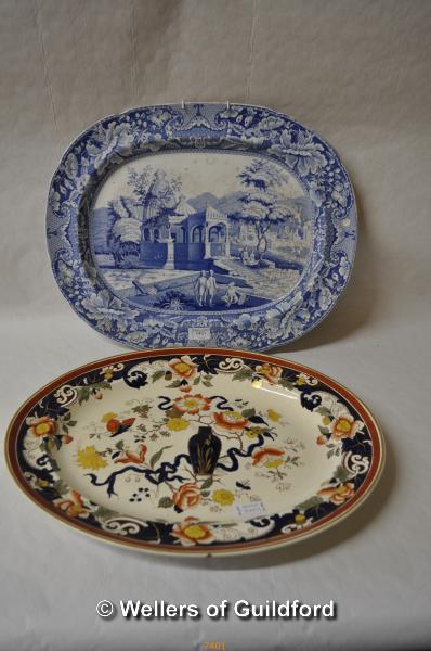 A blue and white meat plate, 51cm wide; a polychrome oval meat plate.