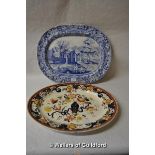 A blue and white meat plate, 51cm wide; a polychrome oval meat plate.