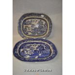 A near pair of Willow pattern blue and white meat plates.