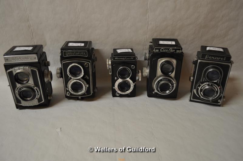 Five TLR cameras, to include; Weltaflex with Meritar 75mm lenses; Flexaret with Anastigmat 80mm