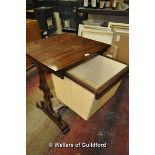 A Victorian mahogany work table with single drawer/sewing bag, lyre end supports united by a