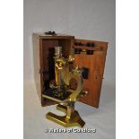 R & J Beck Ltd brass microscope no. 29462 with 8mm and 32mm lenses, mahogany box with brass carrying