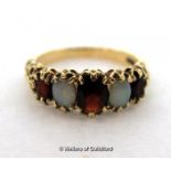 9ct Yellow Gold Opal Garnet 5 stone Ring, Victorian Style 3.8g Size O, Full hallmark