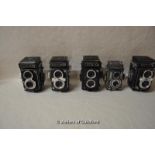 Five Yashica TLR cameras; models LM, 635, Mat-124, 44 and 24