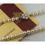 *Single strand Majorica pearl necklace with pearl cluster invisible clasp, boxed, certificate,