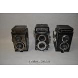 Three Rolleicord TLR cameras; one Va1943865 with Xenar 1:3.5/75 lens, other two with Tritar lenses