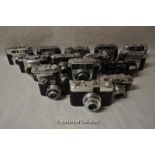 Fifteen assorted vintage cameras with lenses; includes Franka, Finetta, Balda, Haponette, Braun,