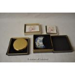 Two Stratton circular compacts; Stratton folding mirror and notepad, all in original boxes