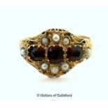 *Victorian 1882 9ct yellow gold, garnet and seed pearl antique ring, size L (Lot subject to VAT)